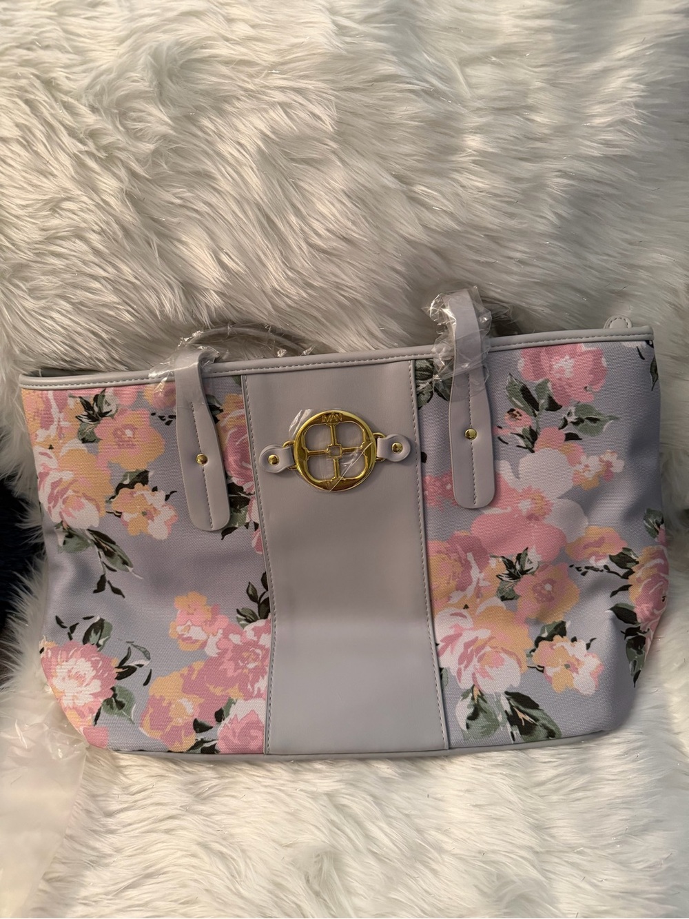 IMAN Floral Tote in Pink & Lavender with Gold Accent